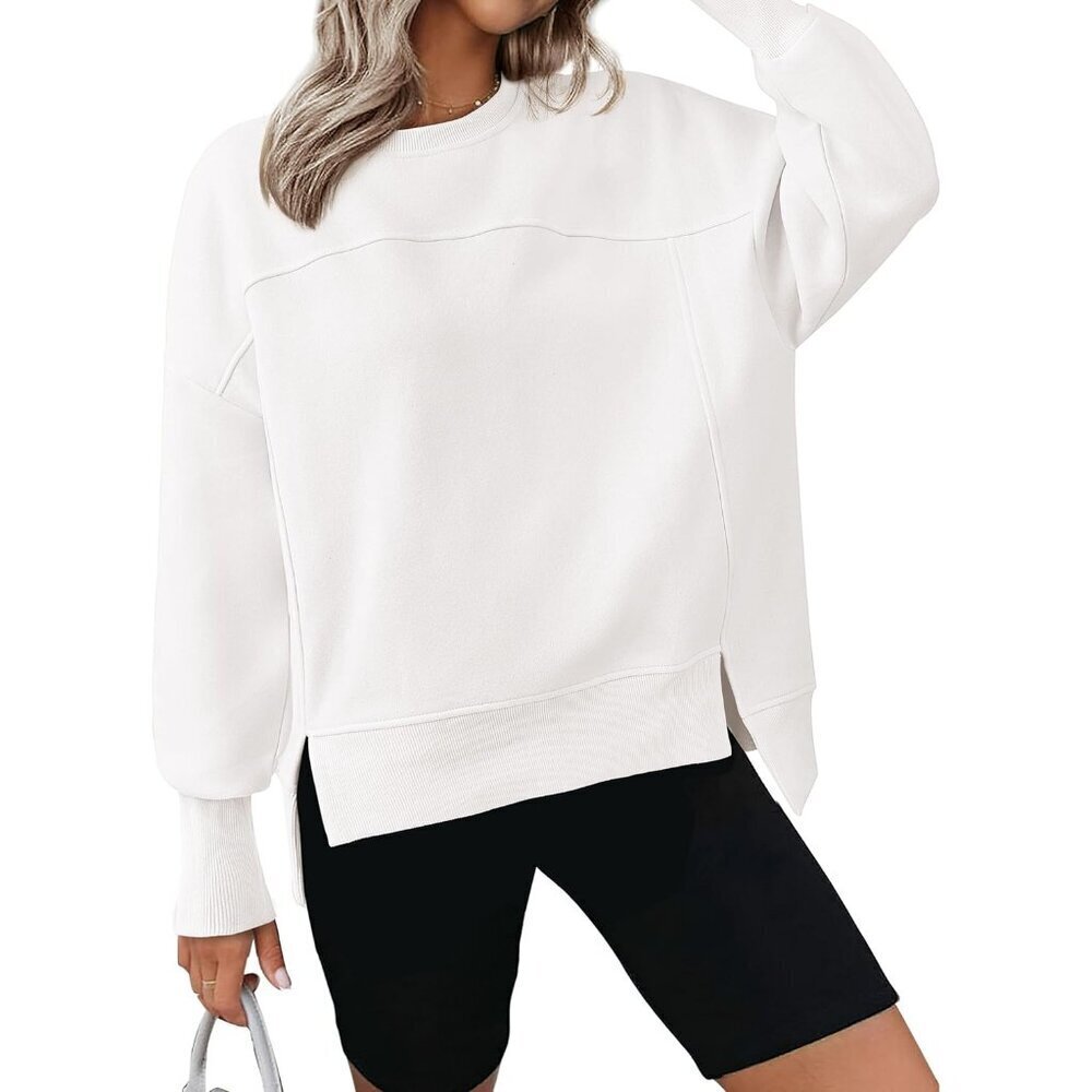 Women's Crewneck Sweatshirt Long Sleeve Side Slit Fleece Top Casual
